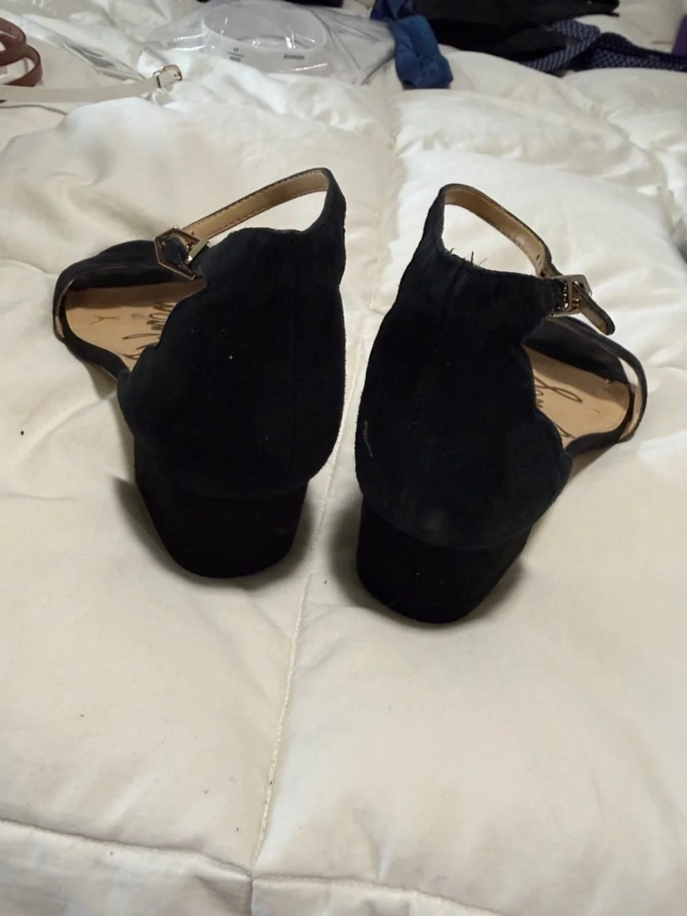 Sam Edelman Black Scallop Suede Ankle-Strap Block Heels - Picture 2 of 6